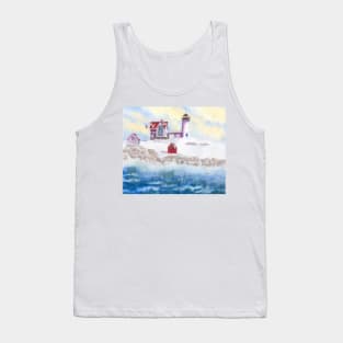 Christmas Card Watercolor Winter at Nubble Lighthouse in Maine Tank Top